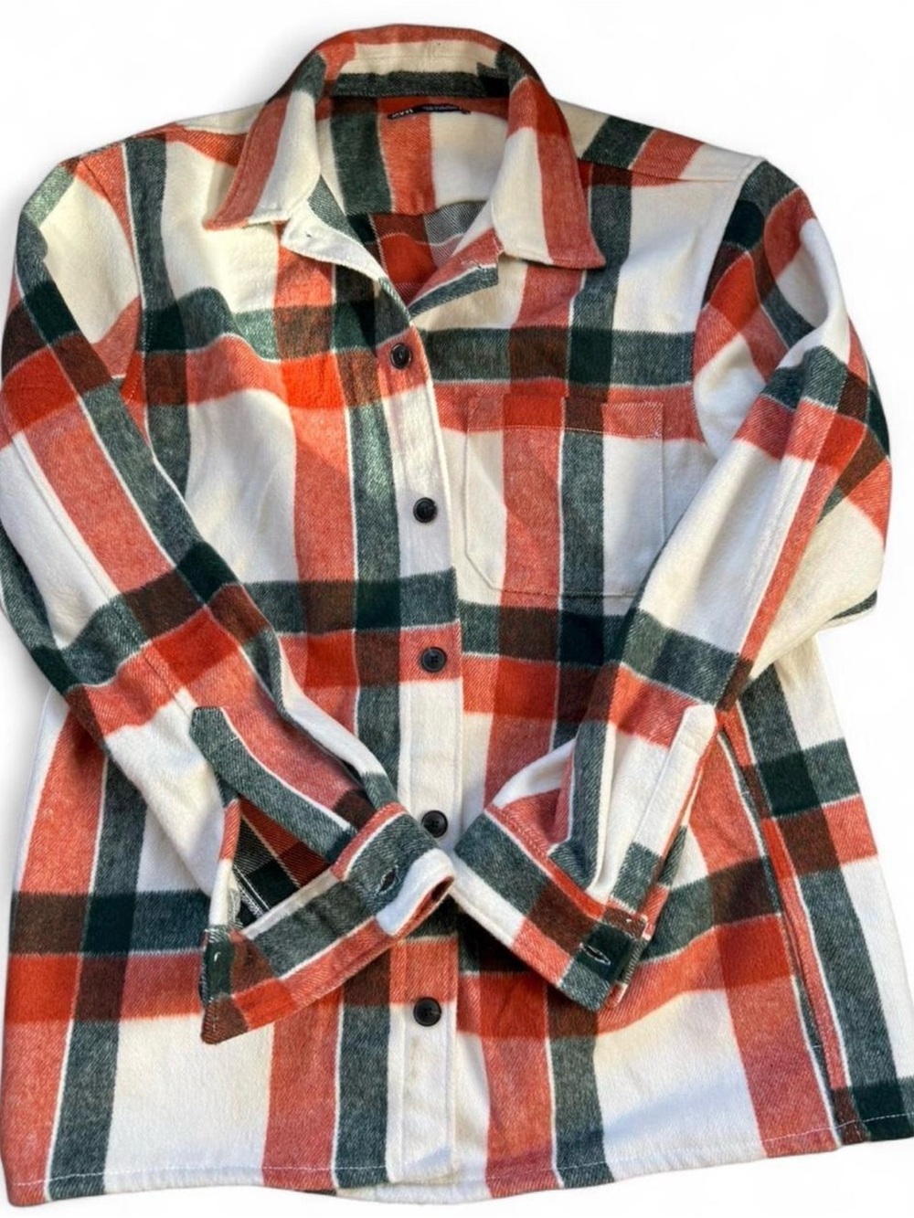 Zara Brushed Flannel Button-Down Shirt — White, Rust & Forest Green XL